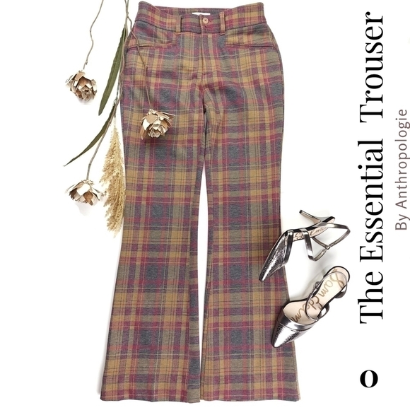 New Anthropologie The Essential Trouser Tan Pink Tartan Plaid  Flared Pa… - Picture 1 of 13